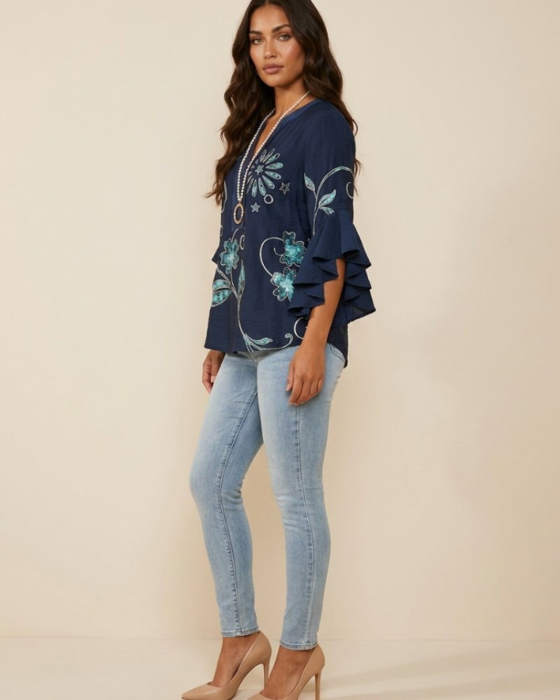 Morag Women's Floral Blouse – V-Neck Flutter Sleeve Smart Casual Top