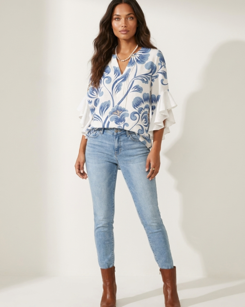 Morag Women's Floral Blouse – V-Neck Flutter Sleeve Smart Casual Top