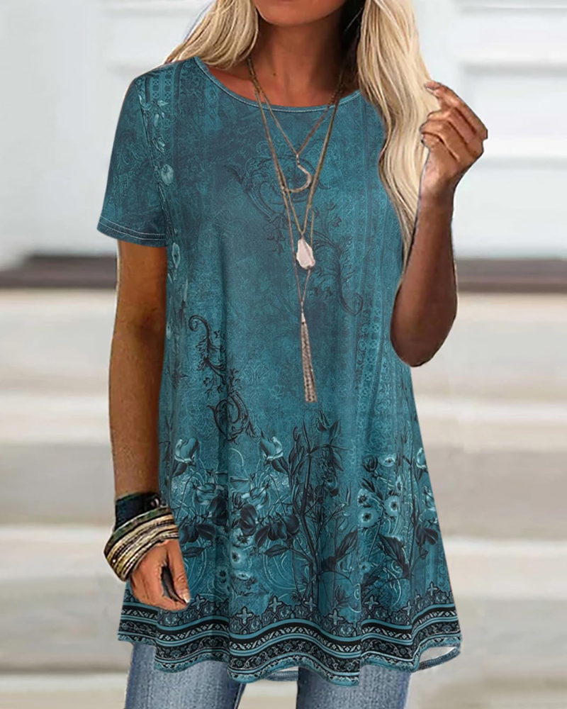 Belissa Women's Floral Top – Round Neck Lantern Sleeve Casual Summer Blouse