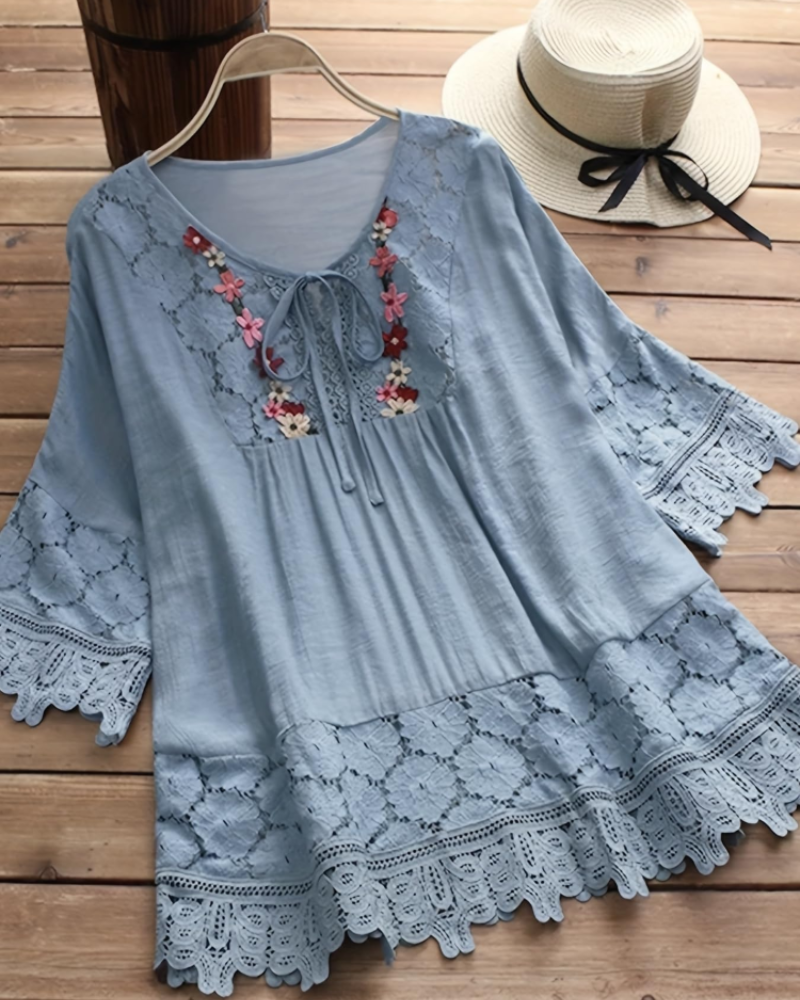 Delilah Women's Boho Blouse – Floral Embroidered V-Neck Top with Bell Sleeves