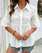 Bethsaida Women's Eyelet Blouse – Ruffle Sleeve Embroidered Peplum Button Collar Top