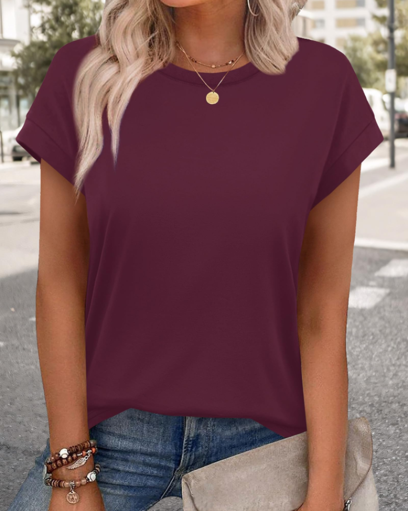 Fausta Women's Tunic Blouse – Short Sleeve Round Neck Casual Summer Top