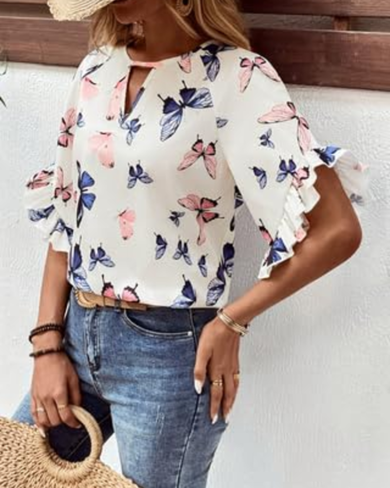 Bhumika Women's Floral Blouse – Short Sleeve Round Neck Loose Fit Summer Top