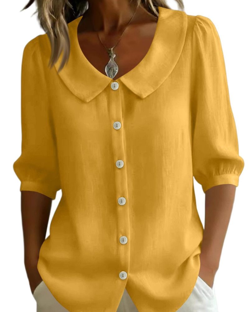 Belladonna Women's Linen-Look Blouse – Peter Pan Collar Puff Sleeve Casual Summer Shirt