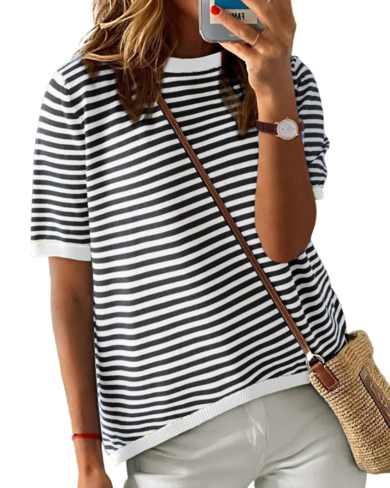 Charlotte Women's Striped Knit Top – Loose Fit Short Sleeve Summer T-Shirt