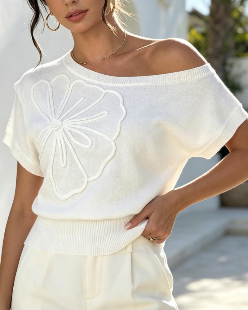 Bevin Women's One-Shoulder Knit Top – Batwing Sleeve Flower Cropped Summer Blouse
