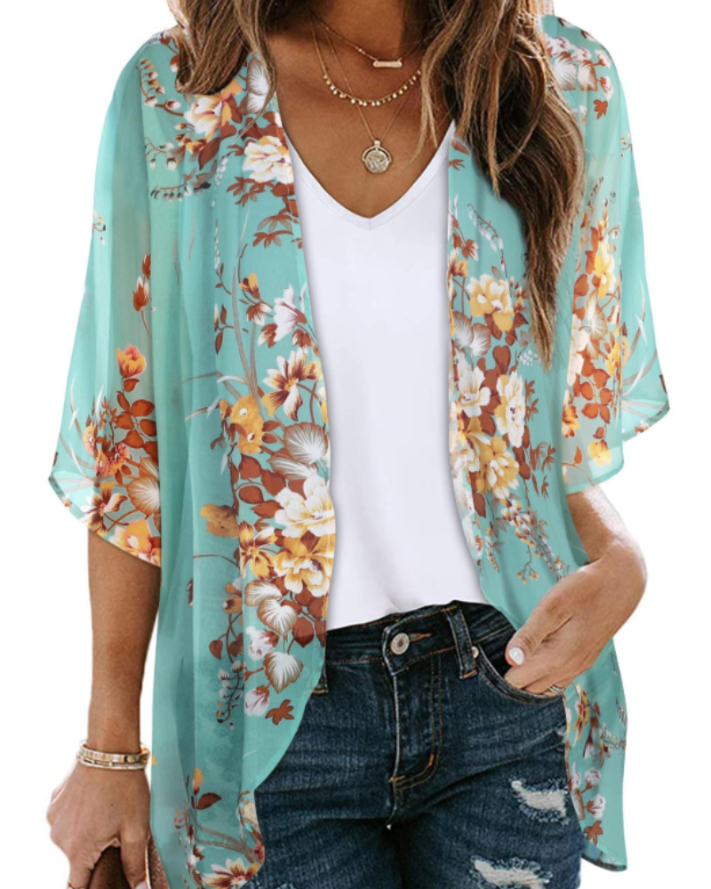 Bianca Women's Boho Kimono Cardigan – Floral Chiffon Beach Cover Up