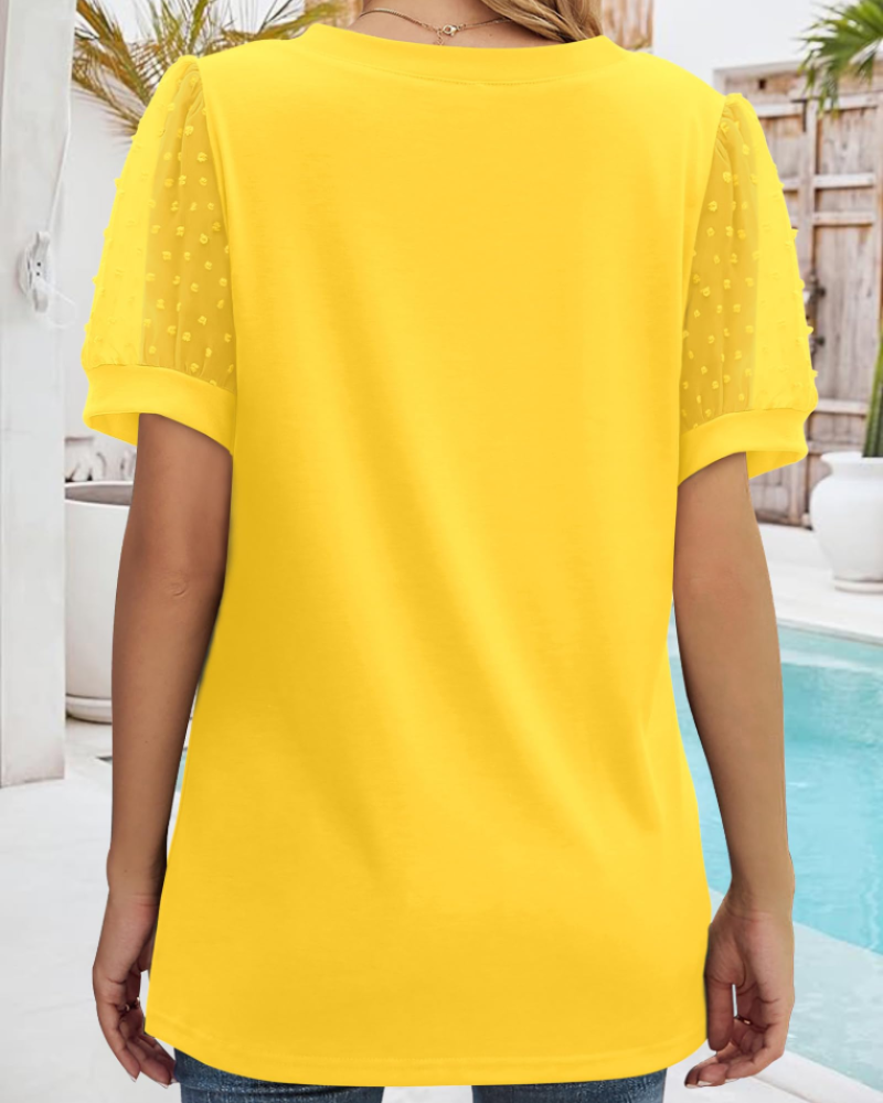 Florina Women's Swiss Dot Blouse – V-Neck Puff Sleeve Casual Summer Top Loose Fit