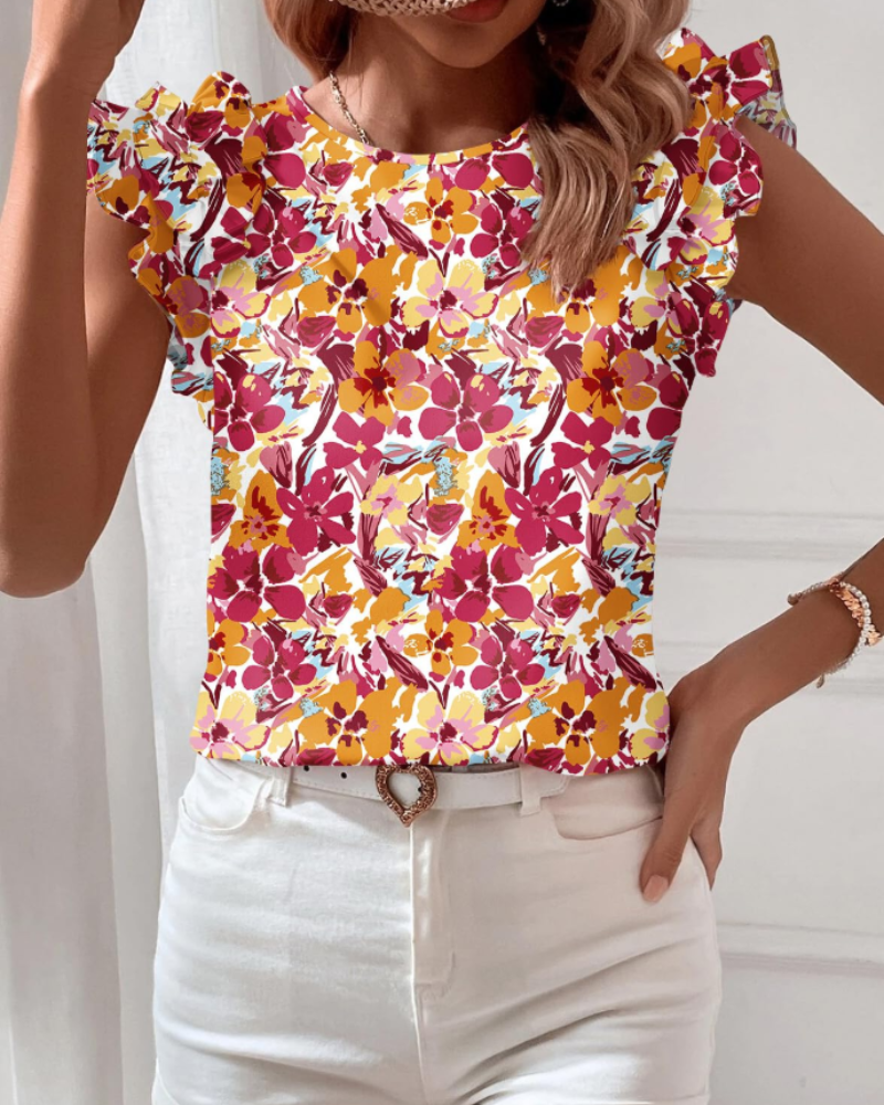 Beatrice Women's Boho Floral Blouse – Short Sleeve Ruffle Top Casual Summer Shirt