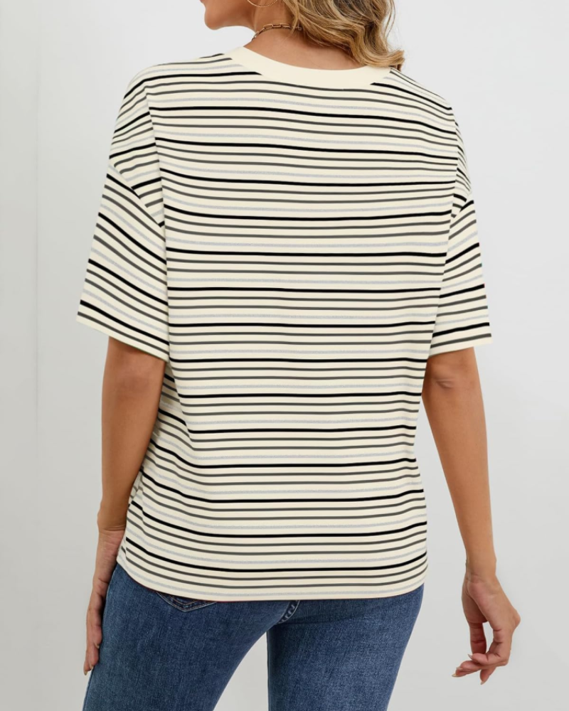 Berenika Women's Striped Blouse – Short Sleeve Round Neck Casual Summer Top