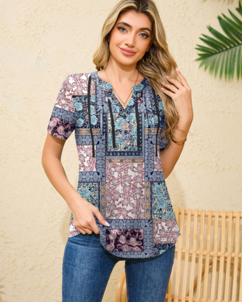 Fabianna Women's Lace Blouse – Pleated V-Neck Short Sleeve Elegant Summer Top