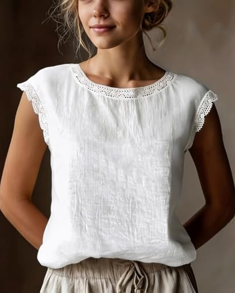 Florabelle Women's Linen Blouse – Lace Trim Short Sleeve Breathable Summer Top