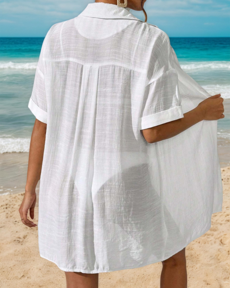 Brenda Women's Linen Shirt – Short Sleeve Collared Button Front Summer Blouse with Pocket