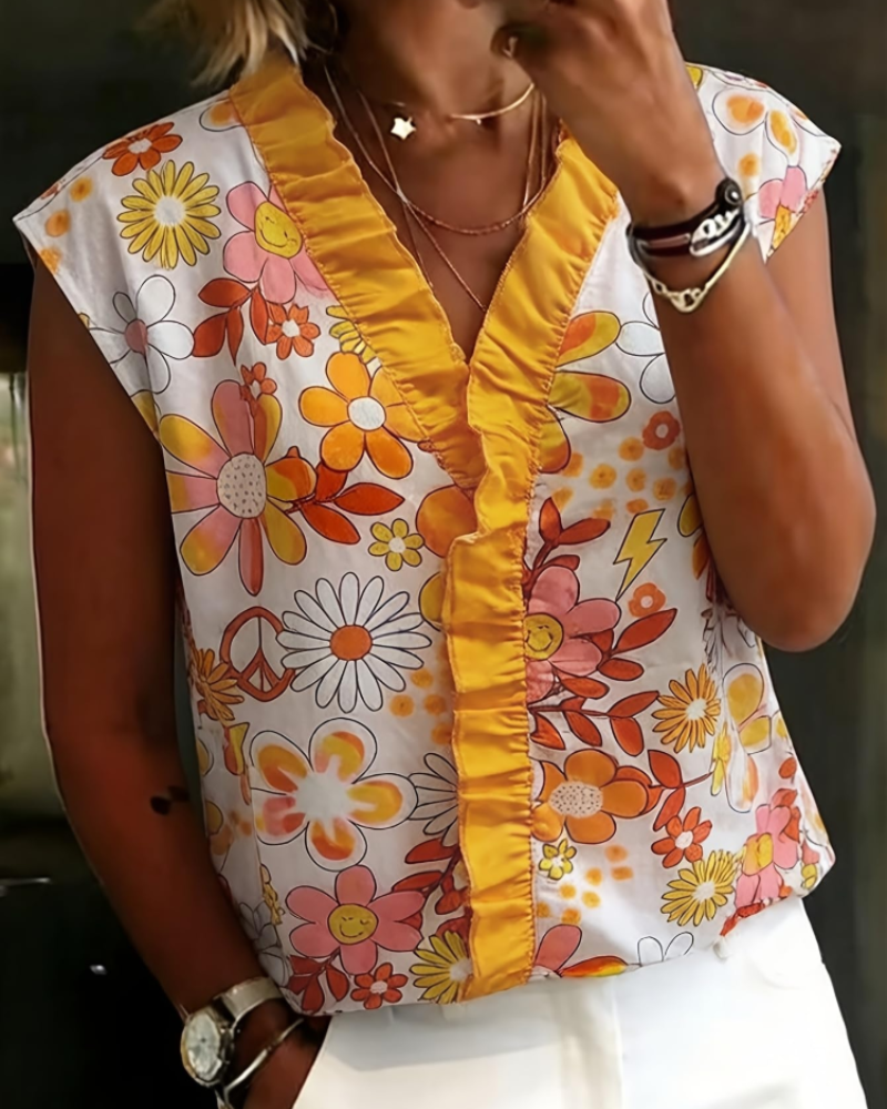 Farren Women's Floral Blouse – Sleeveless V-Neck Ruffle Front Summer Top Loose Fit