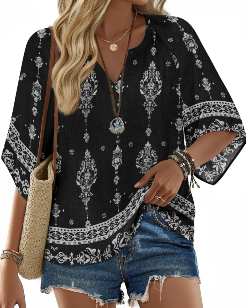 Vivienne Women's Bohemian V-Neck Blouse – Floral Summer Tunic Top