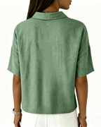 Franca Women's Linen Blouse – Half Sleeve Henley V-Neck Button Summer Shirt