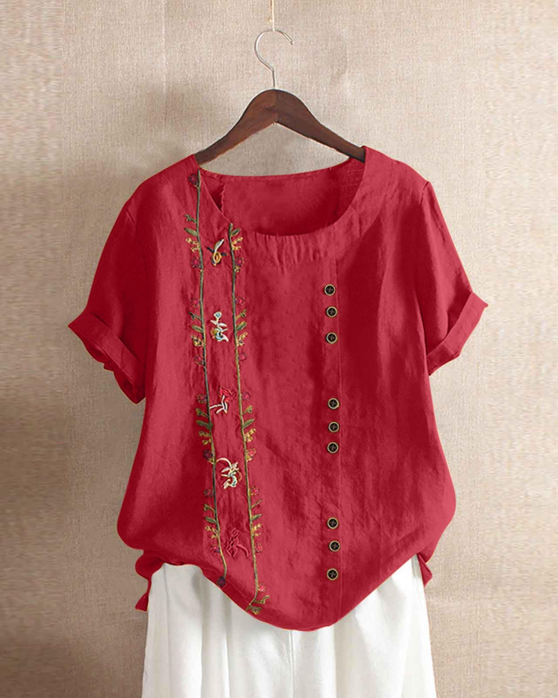Amelia Women's Linen Blend Blouse – Floral Cotton Linen Summer Top