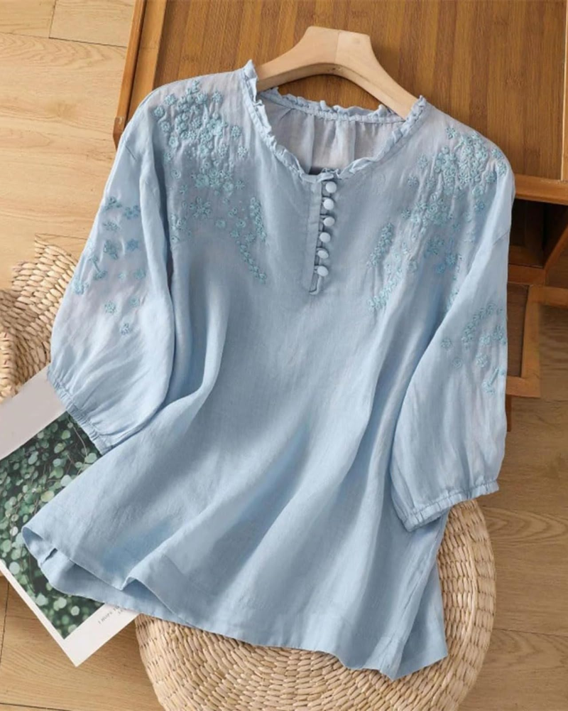 Brightyn Women's Cotton Peasant Blouse – Floral Embroidered 3/4 Sleeve Boho Linen Shirt