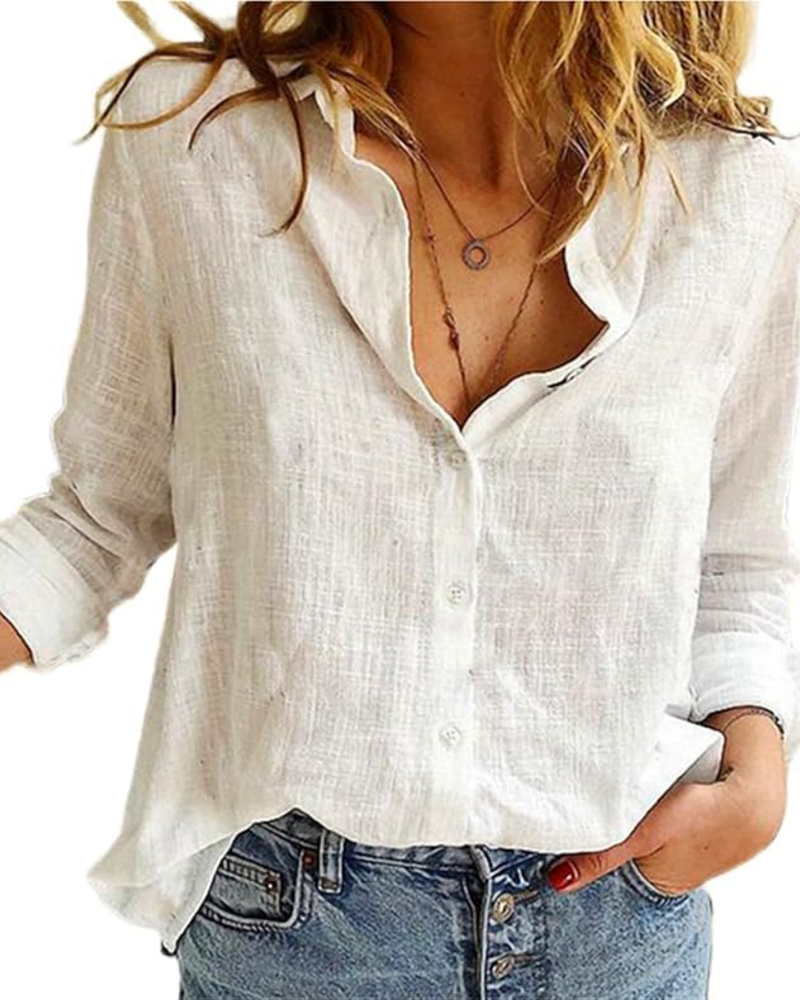 Fiamma Women's Button-Down Shirt – Long Sleeve V-Neck Lightweight Loose Fit Blouse