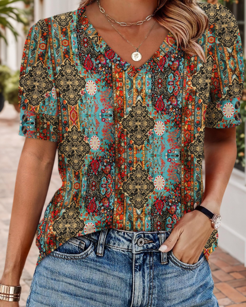 Grace Women's V-Neck Blouse – Short Sleeve Casual Summer Top Lightweight Loose Fit