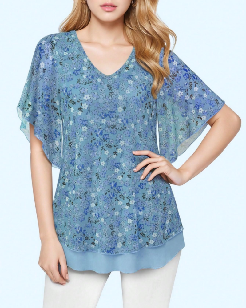 Breelyn Women's Mesh Blouse – Double Layer V-Neck Flounce Sleeve Elegant Summer Top