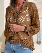Belle Women's Crochet Sweater – Long Sleeve Hollow Knit Beach Cover-Up Pullover