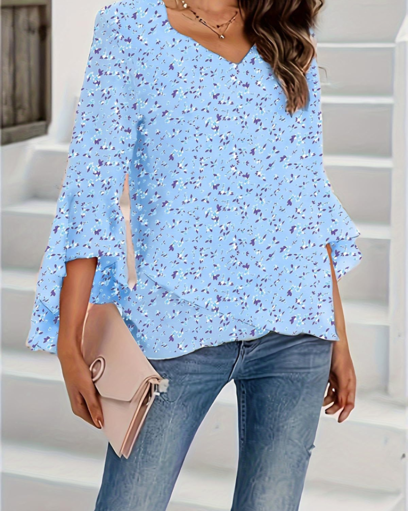 Bertha Women's Floral Blouse – V-Neck 3/4 Bell Sleeve Ruffle Summer Top