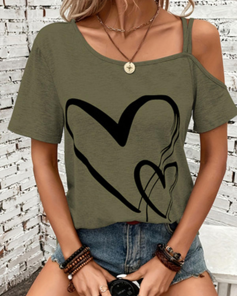 Bailey Women's One-Shoulder Top – Love Print Short Sleeve Casual Summer Blouse
