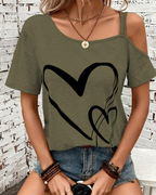 Bailey Women's One-Shoulder Top – Love Print Short Sleeve Casual Summer Blouse