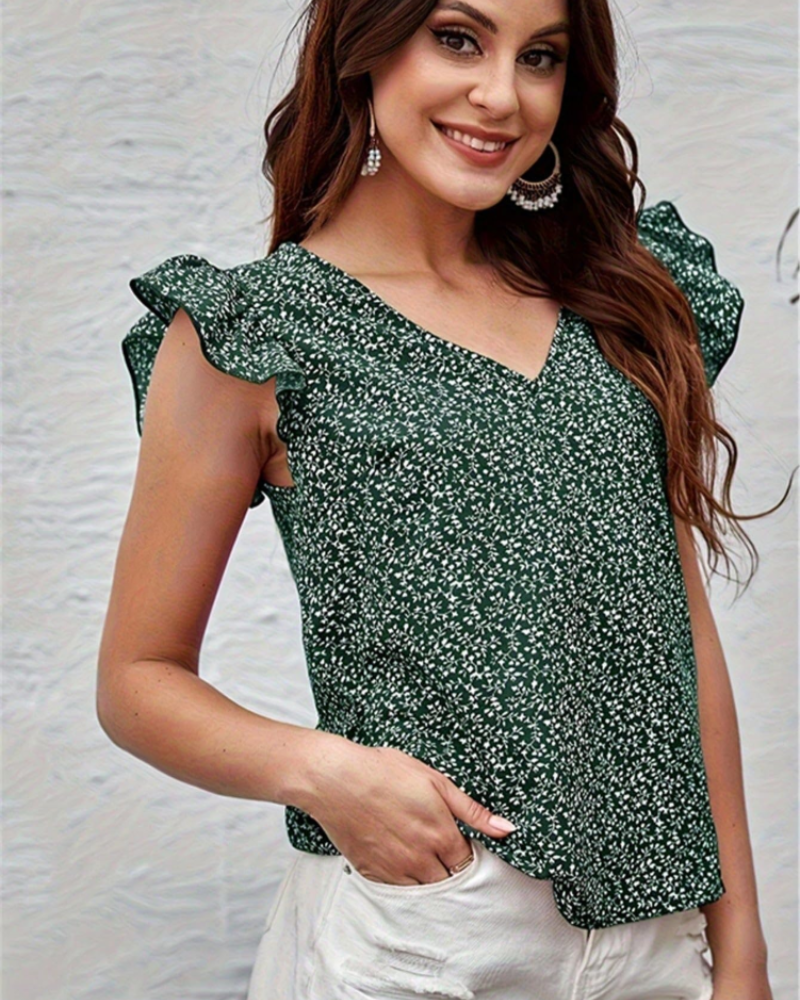 Filomena Women's Floral Blouse – V-Neck Ruffle Cap Sleeve Casual Summer Top