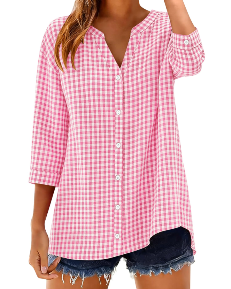 Sophie Women's Cotton Button Down Blouse – 3/4 Sleeve V-Neck Plaid Shirt