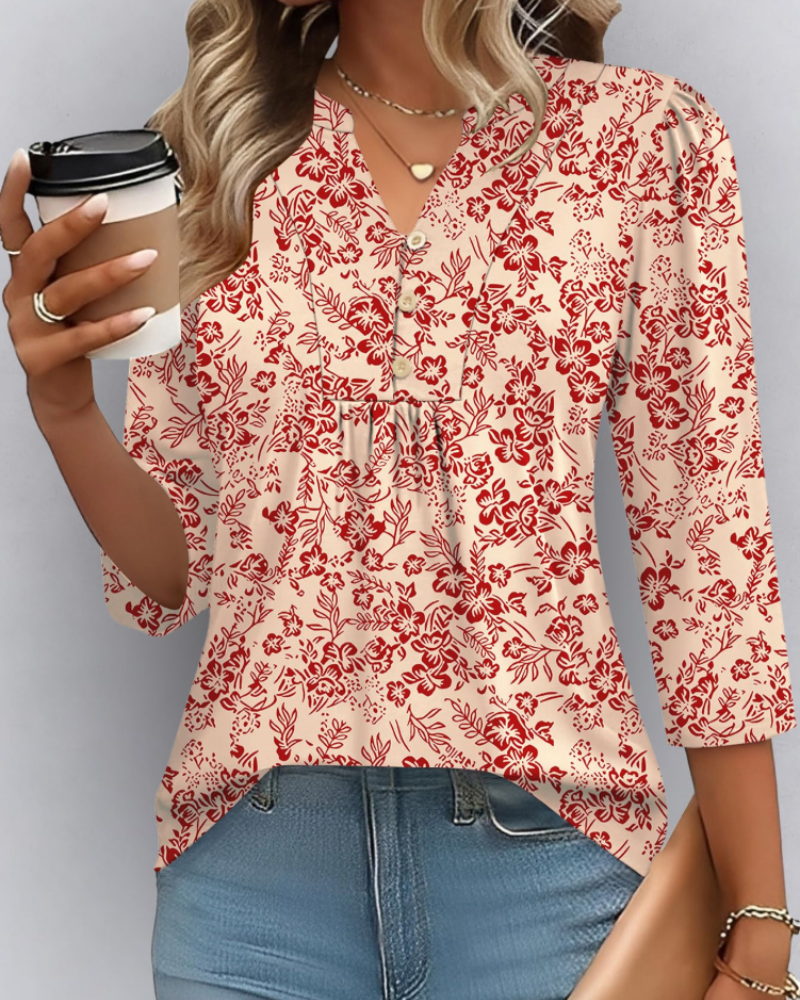 Hailey Women's Boho Blouse – V-Neck 3/4 Sleeve Pleated Casual Summer Top