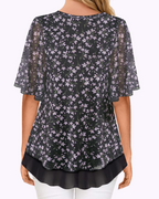 Bonnie Women's Mesh Blouse – Double Layer V-Neck Flounce Sleeve Elegant Summer Top