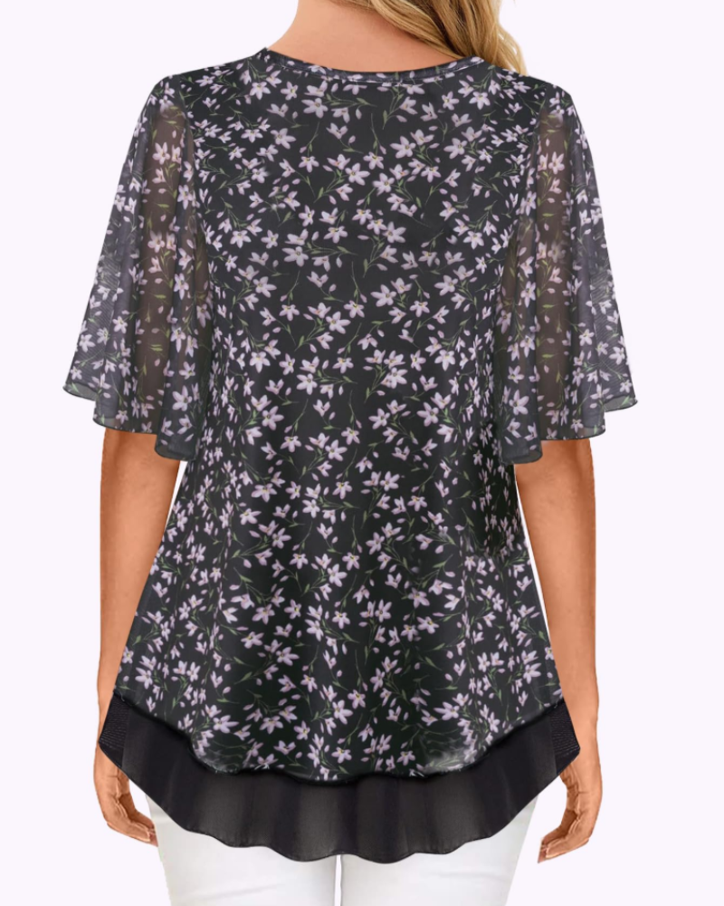 Bonnie Women's Mesh Blouse – Double Layer V-Neck Flounce Sleeve Elegant Summer Top