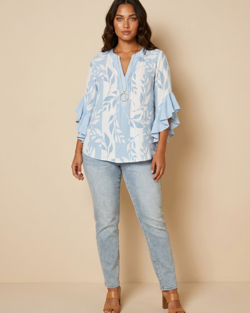 Morag Women's Floral Blouse – V-Neck Flutter Sleeve Smart Casual Top