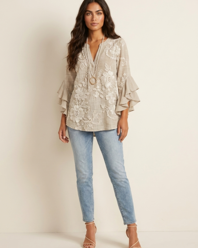 Morag Women's Floral Blouse – V-Neck Flutter Sleeve Smart Casual Top