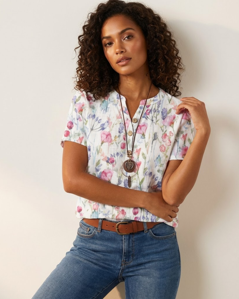 Honesty Women's Floral Blouse – V-Neck Button Detail Short Sleeve Summer Top