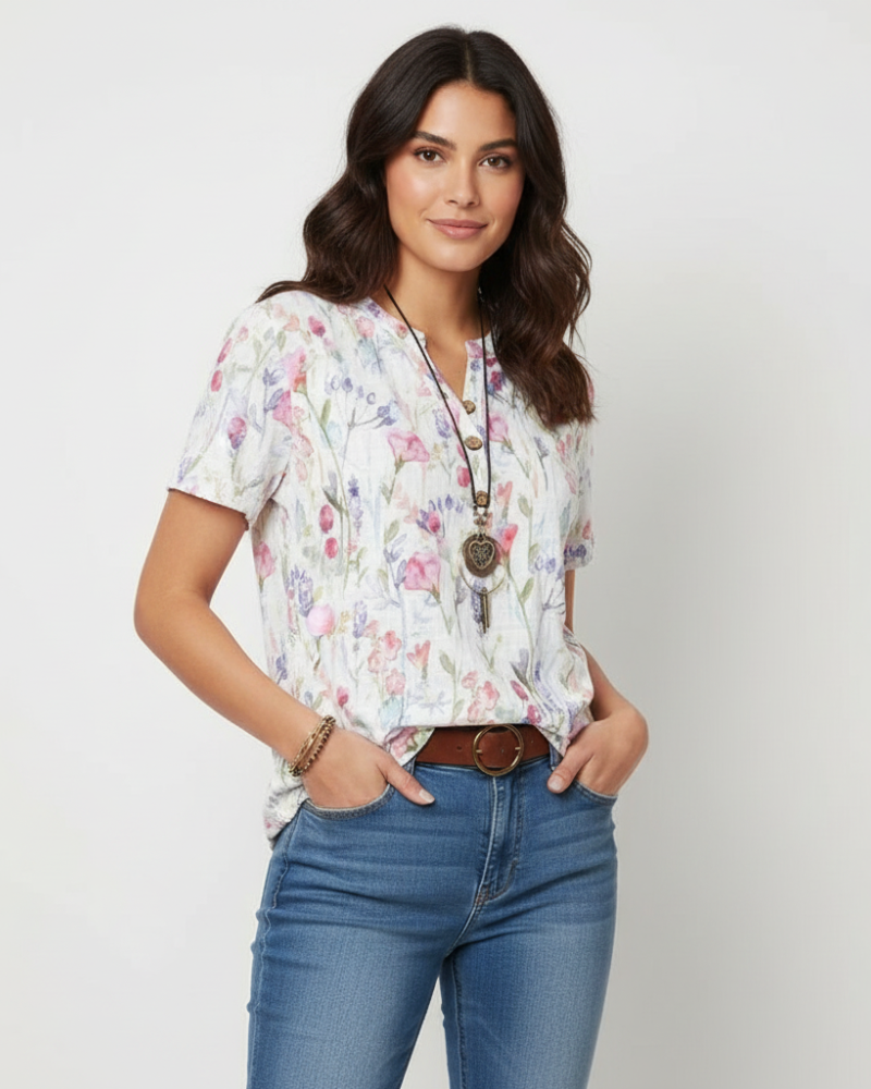 Honesty Women's Floral Blouse – V-Neck Button Detail Short Sleeve Summer Top