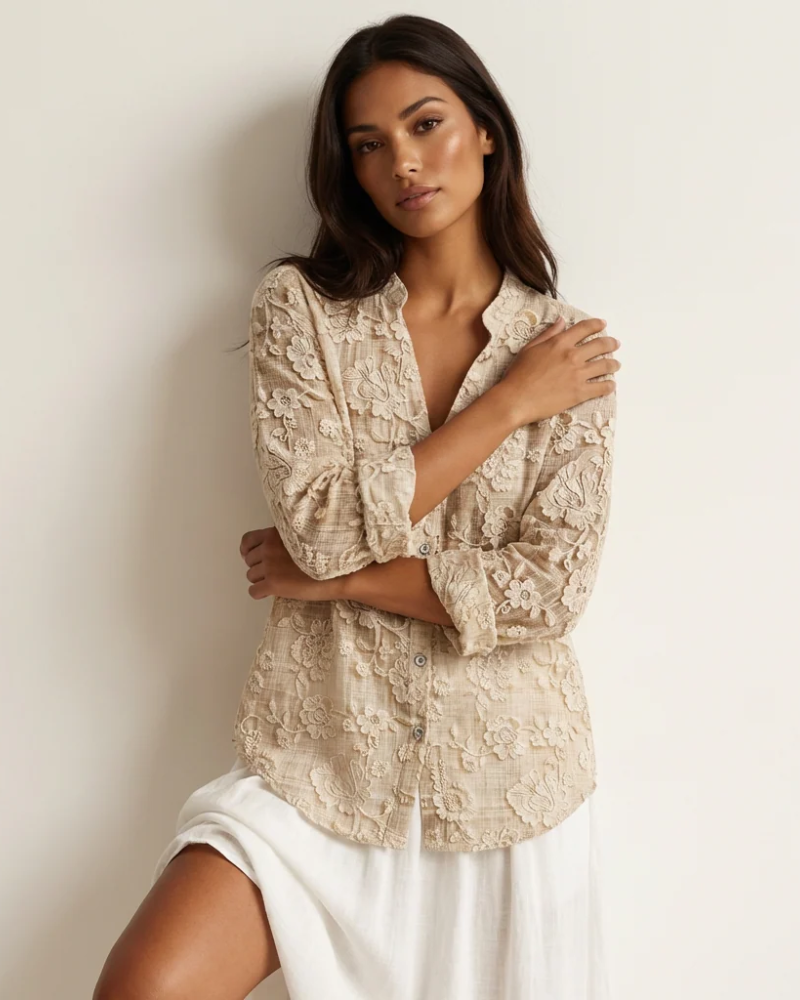 Primrose Women's Linen Blend Blouse – 3D Floral V-Neck Button-Up Shirt