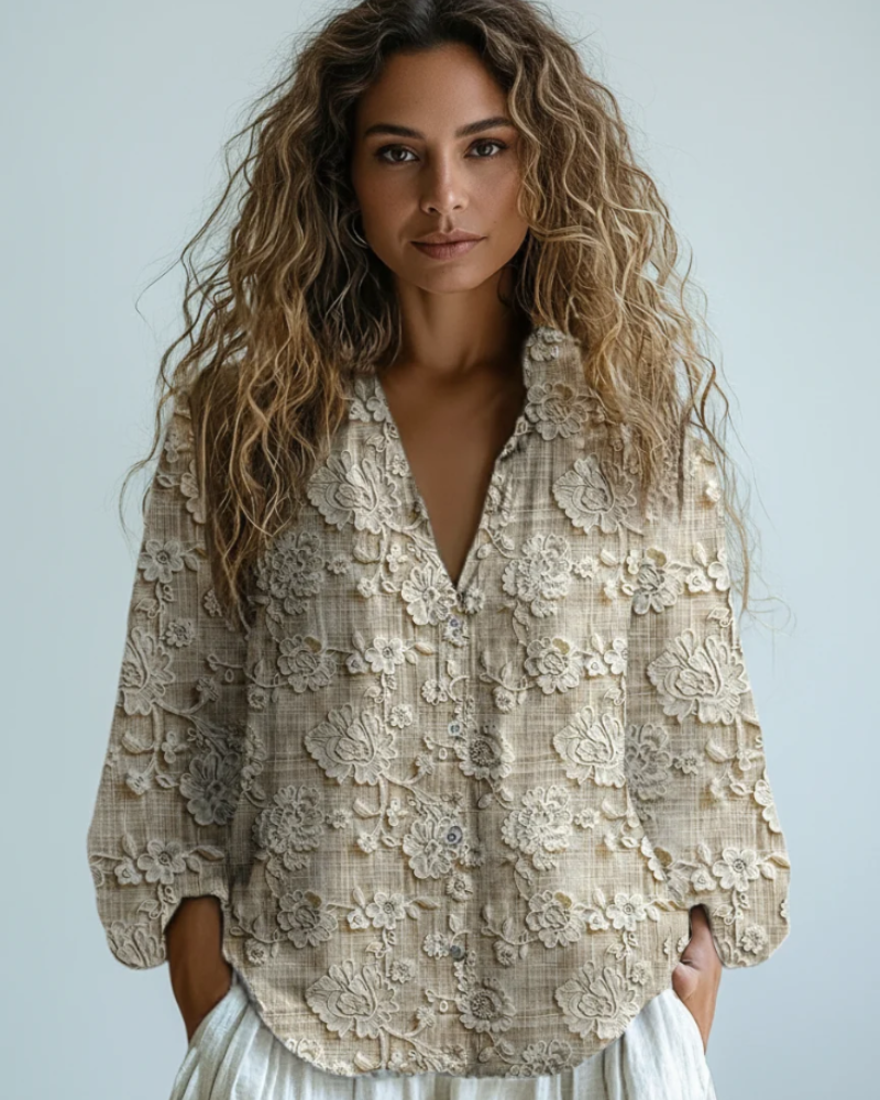 Primrose Women's Linen Blend Blouse – 3D Floral V-Neck Button-Up Shirt
