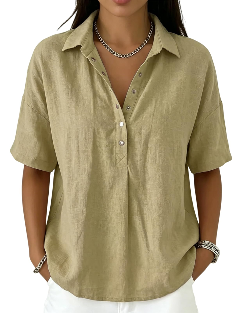 Franca Women's Linen Blouse – Half Sleeve Henley V-Neck Button Summer Shirt