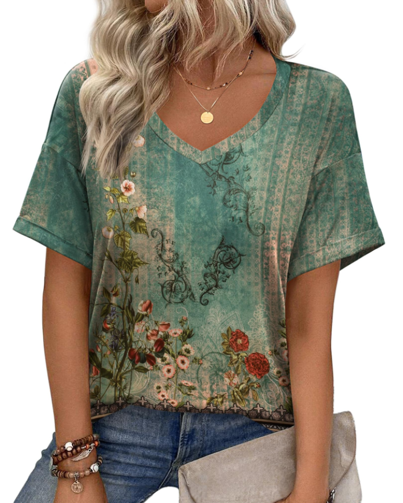Elena Women's V-Neck Tunic Top – Casual Printed Summer T-Shirt Blouse
