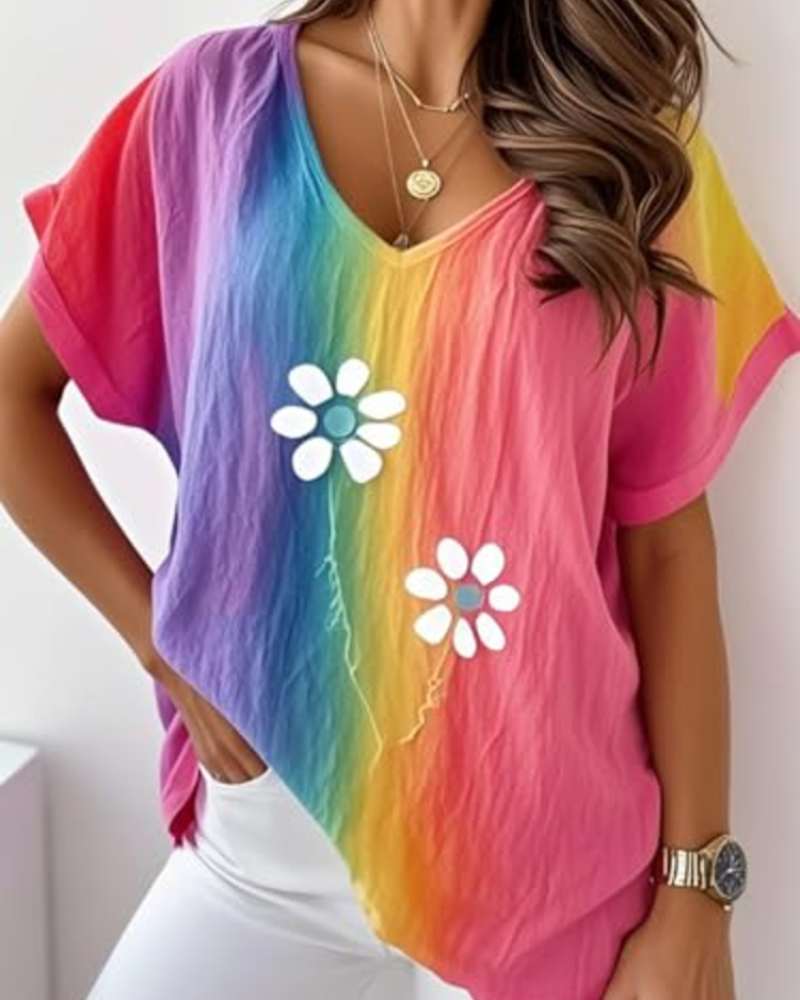 Bellina Women's Daisy Print Blouse – Bright Pink V-Neck Short Sleeve Summer Top