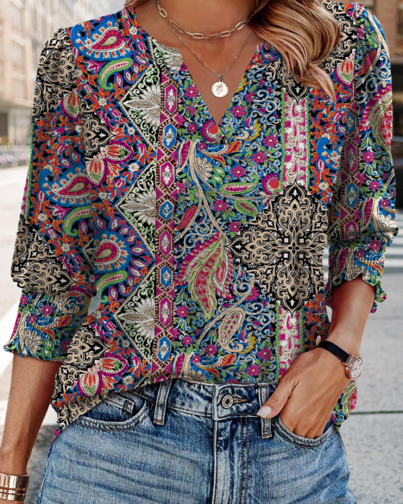 Isabella Women's V-Neck Blouse – 3/4 Sleeve Top with Smocked Cuffs Casual Elegant Fit