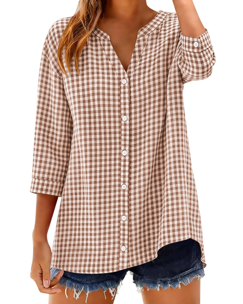 Sophie Women's Cotton Button Down Blouse – 3/4 Sleeve V-Neck Plaid Shirt