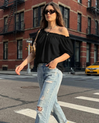 Sophia Women's Off-Shoulder Blouse – Puff Sleeve Dressy Casual Summer Top