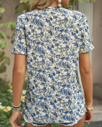 Faline Women's Floral Chiffon Blouse – V-Neck Lace Trim Short Sleeve Summer Top