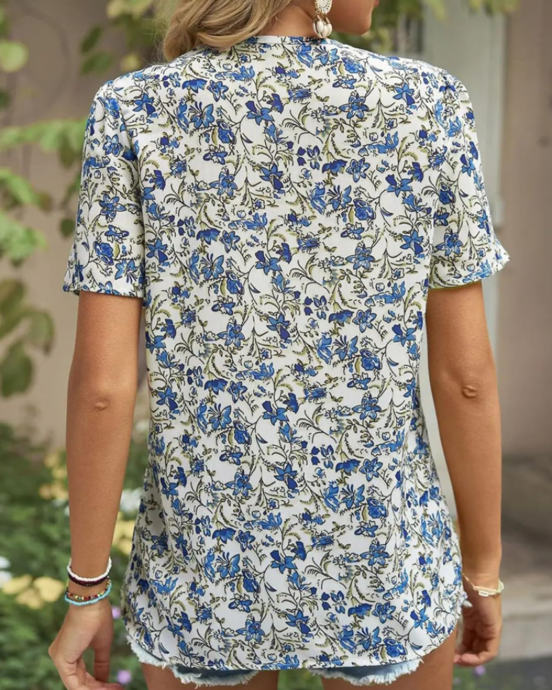 Faline Women's Floral Chiffon Blouse – V-Neck Lace Trim Short Sleeve Summer Top