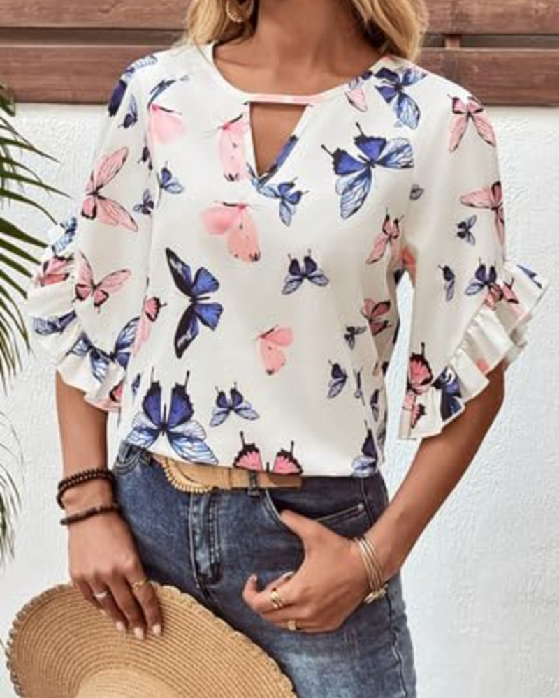 Bhumika Women's Floral Blouse – Short Sleeve Round Neck Loose Fit Summer Top