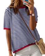 Charlotte Women's Striped Knit Top – Loose Fit Short Sleeve Summer T-Shirt